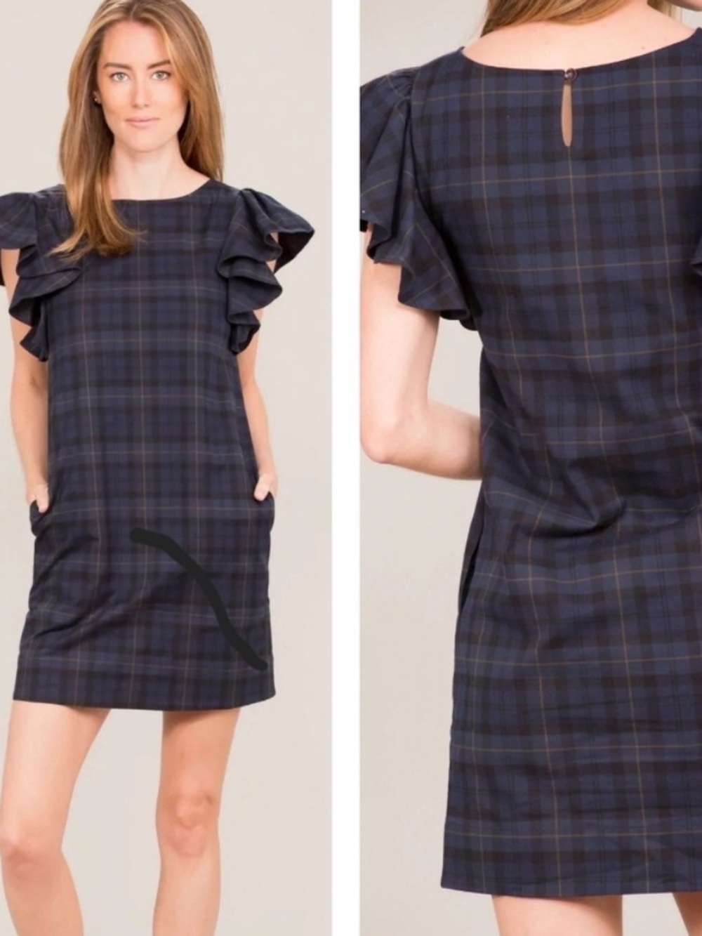 NWT August Morgan by Kate Herschel Dress Plaid Ruffle Sleeves Pockets Size XS